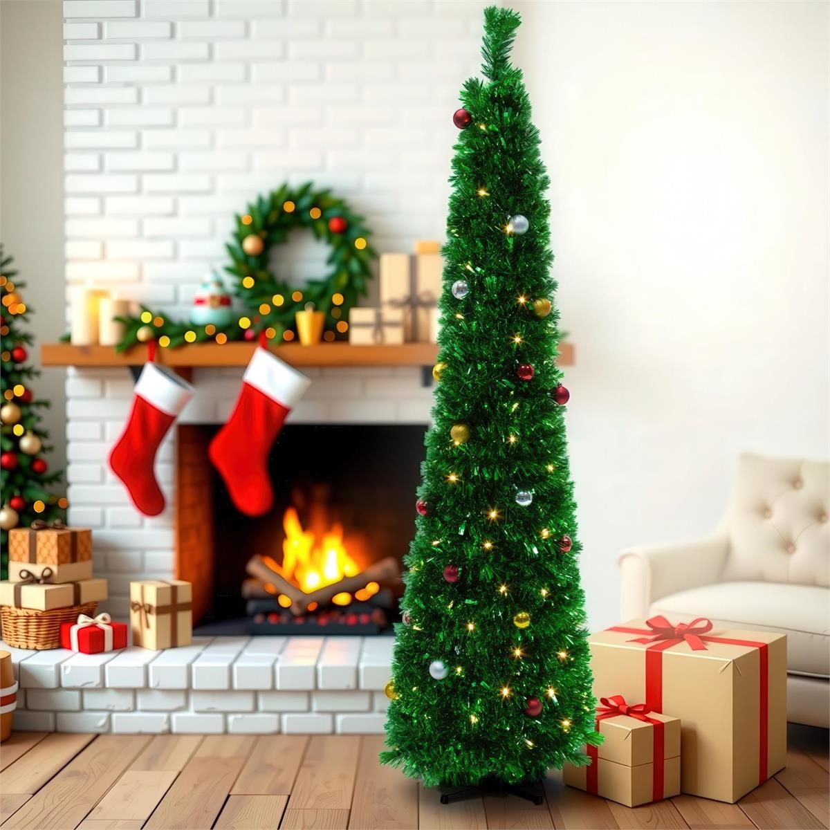 Deco N. 5ft Pop-Up Xmas Tree w/100 LED Lights & 36 Balls, ETL, Green, boxwhite box with color label