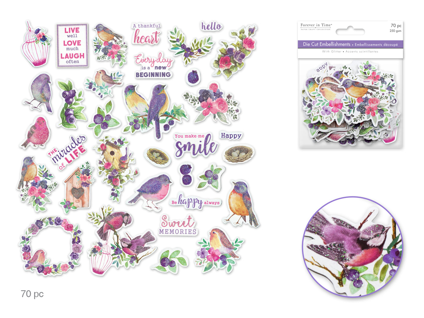 Paper Craft Embellishment: Glitter Die Cuts 250gsm F) Birds & Berries