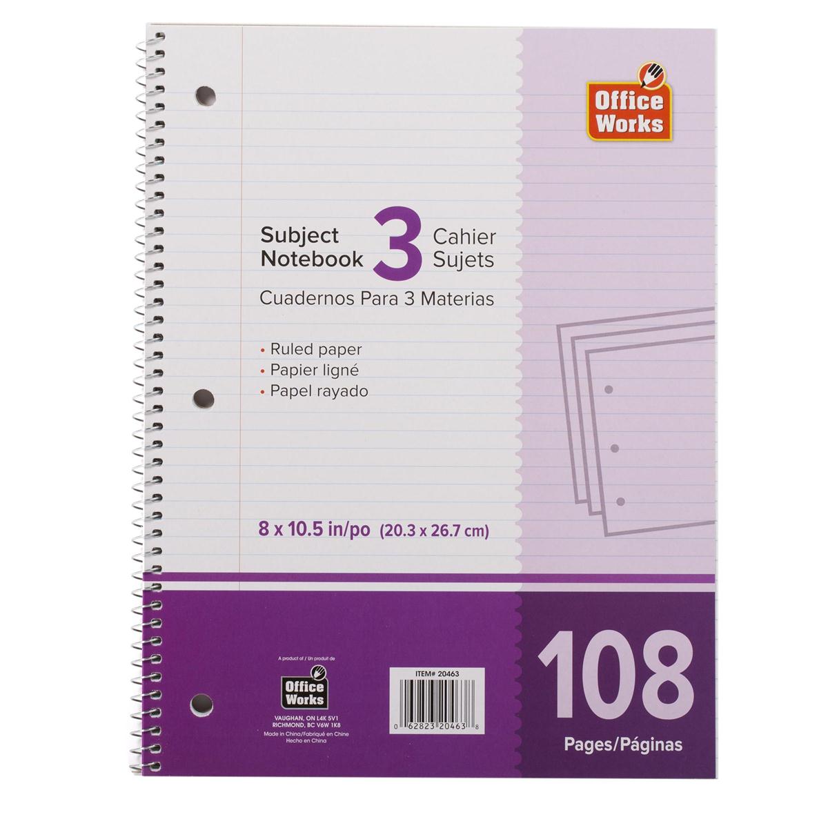 O.WKs. 108-page 3-subject Coil Book 8x10.5"