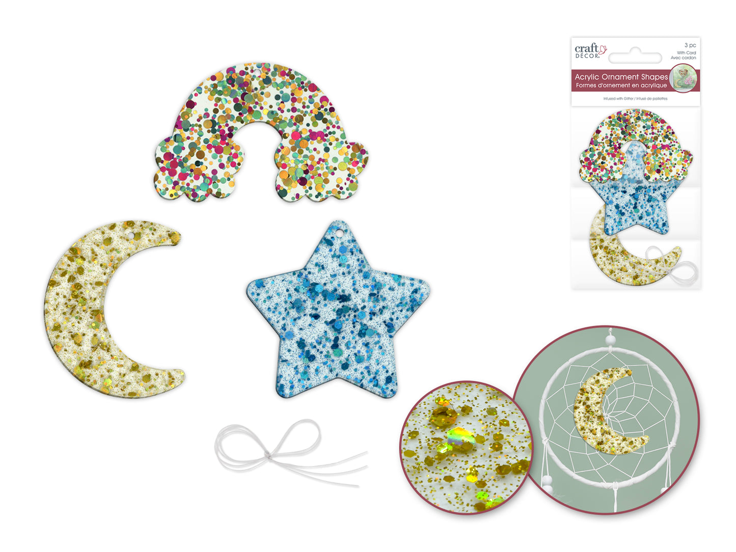 Craft Decor: 5cm-6cm Glitter Infused Acrylic Ornament 3pc Asst C) Celestial
