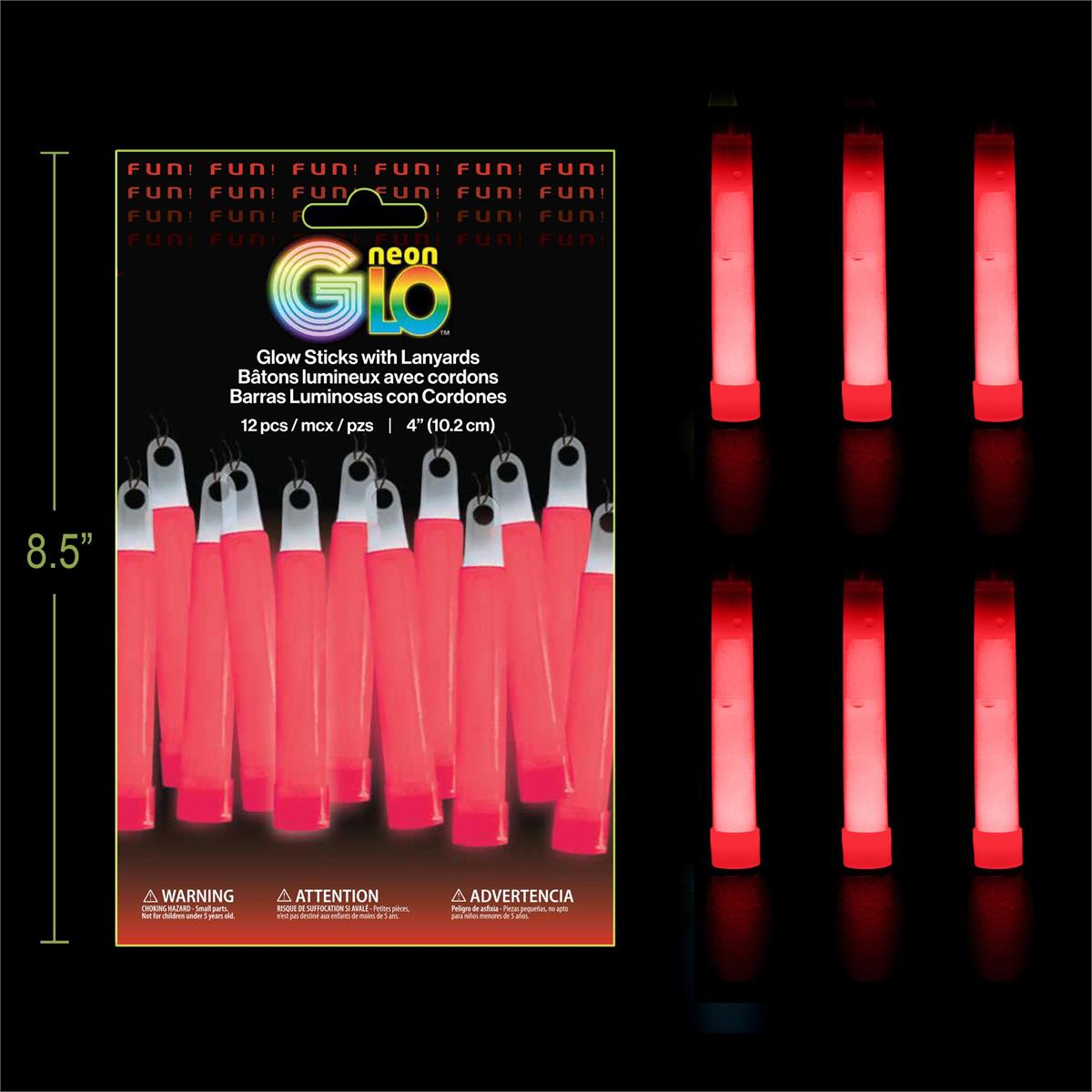 Neon Glo, Red, 12 packs 4" Glow Sticks with Lanyards, Foil Pack