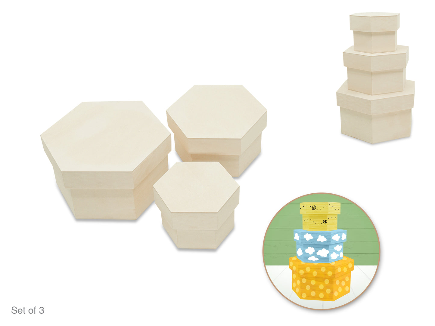 Wood Craft: 3.5"+4.7"+5.9" Hexagon Box Stack Set Asst 3/Set