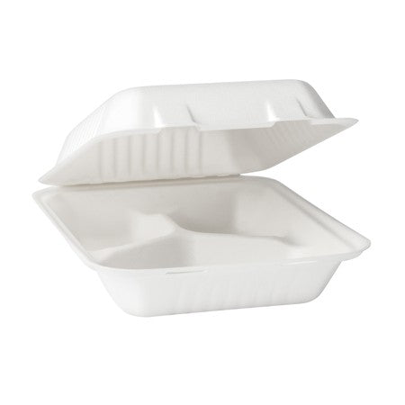 HINGED BAGASSE CONTAINERS 3 COMPARTMENTS 8'' x 8'' 50/PK x 2/CS (1270255)