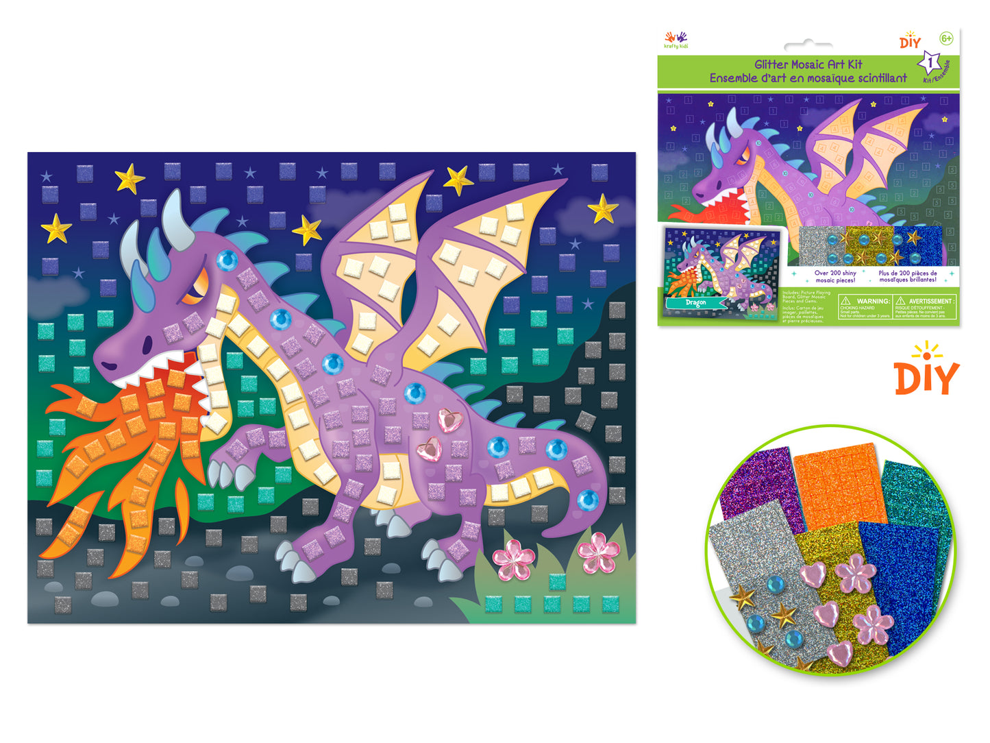 Krafty Kids Kit: DIY Glitter Mosaic Art Kit w/Gems E) Dragon