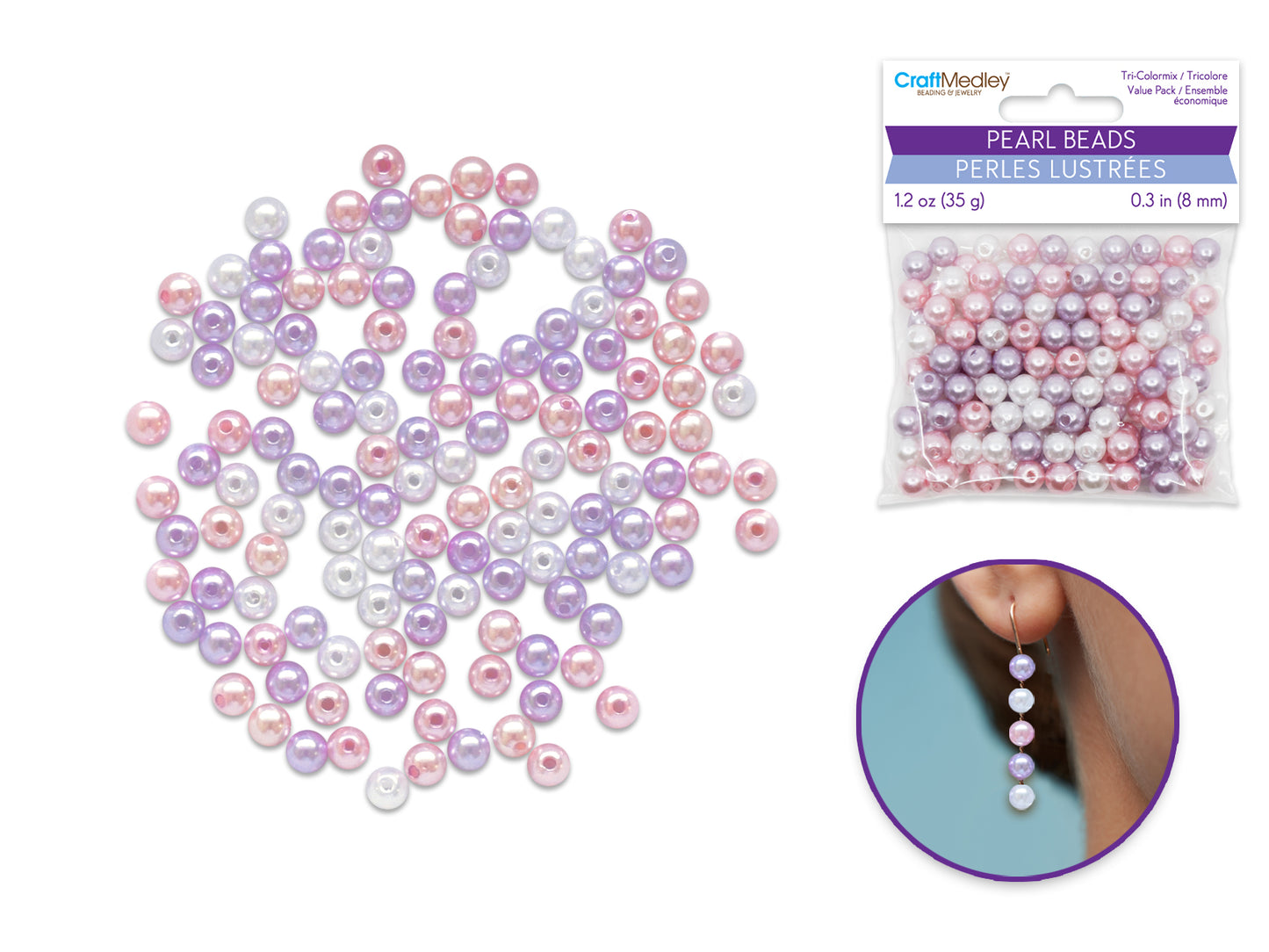 Pearl Beads: 8mm Gloss Tri-Colormix 35gms B) Pink
