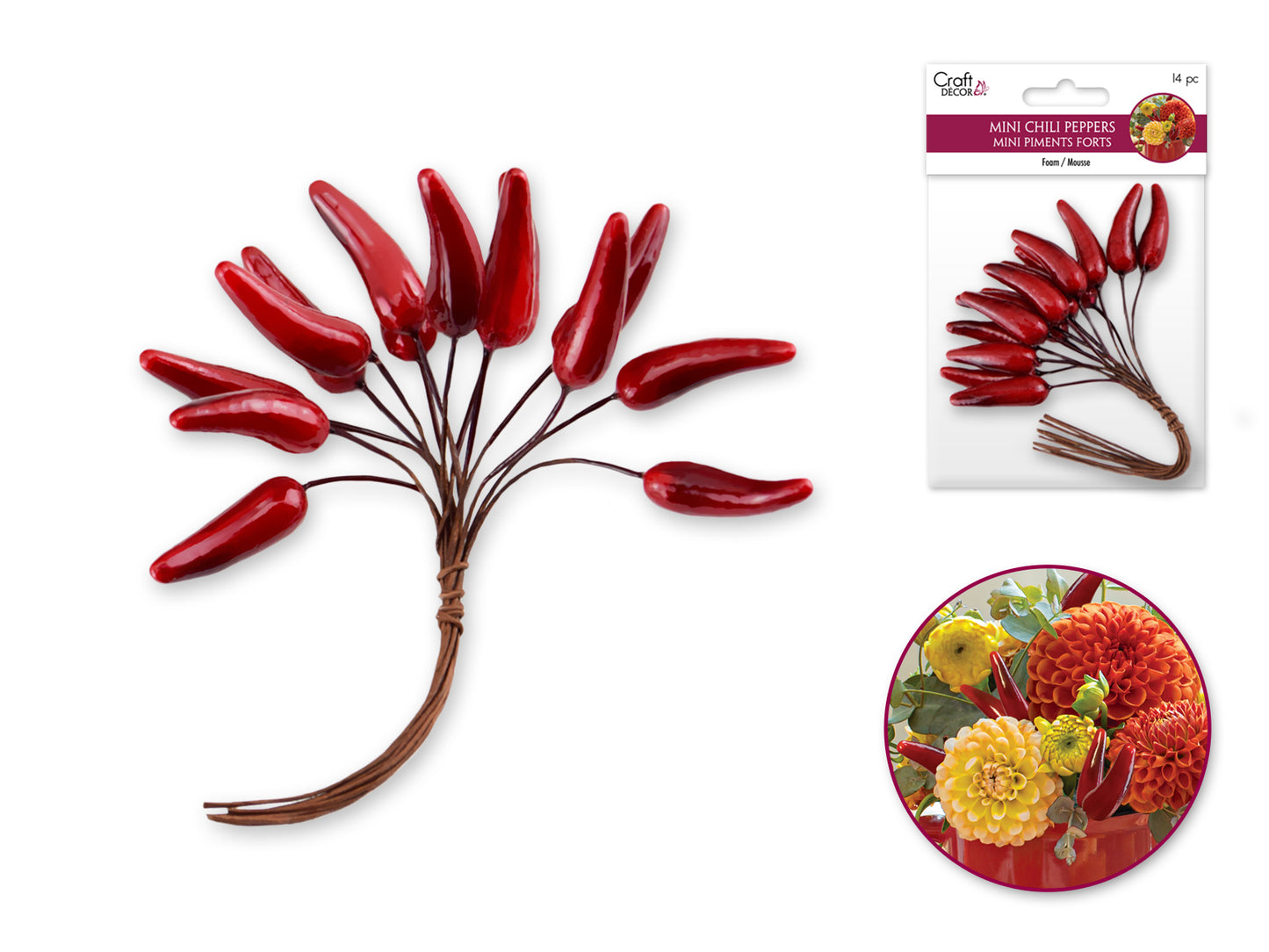 Craft Decor: 2.8cm Mini Chili Pepper Picks 14pc Foam Glossy