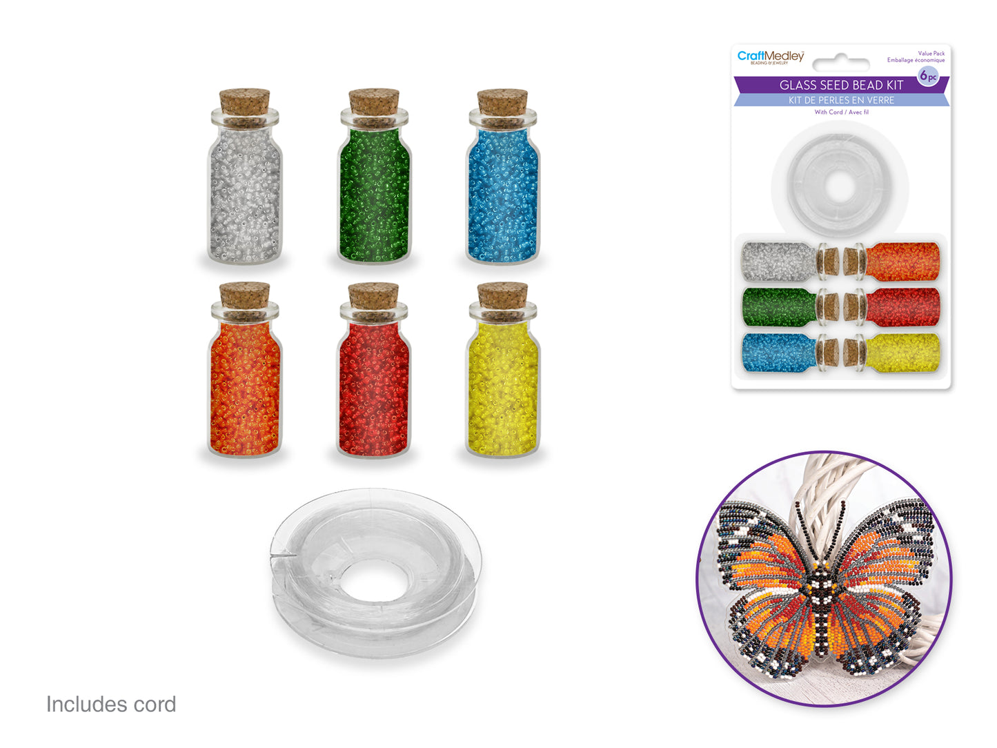 Glass Seed Bead Kit: 6pc Asst 60g (6*10g) w/Cord+Cork Stopper A) Brights