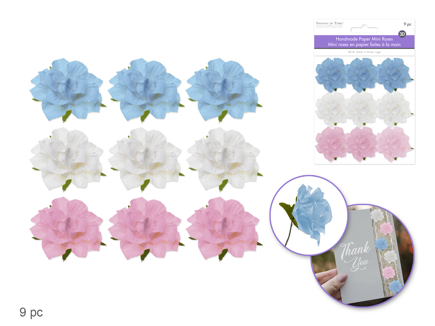 Floral Embellish: 1.25" Handmade Paper Mini Open Roses x9 w/Stem D) Pastel