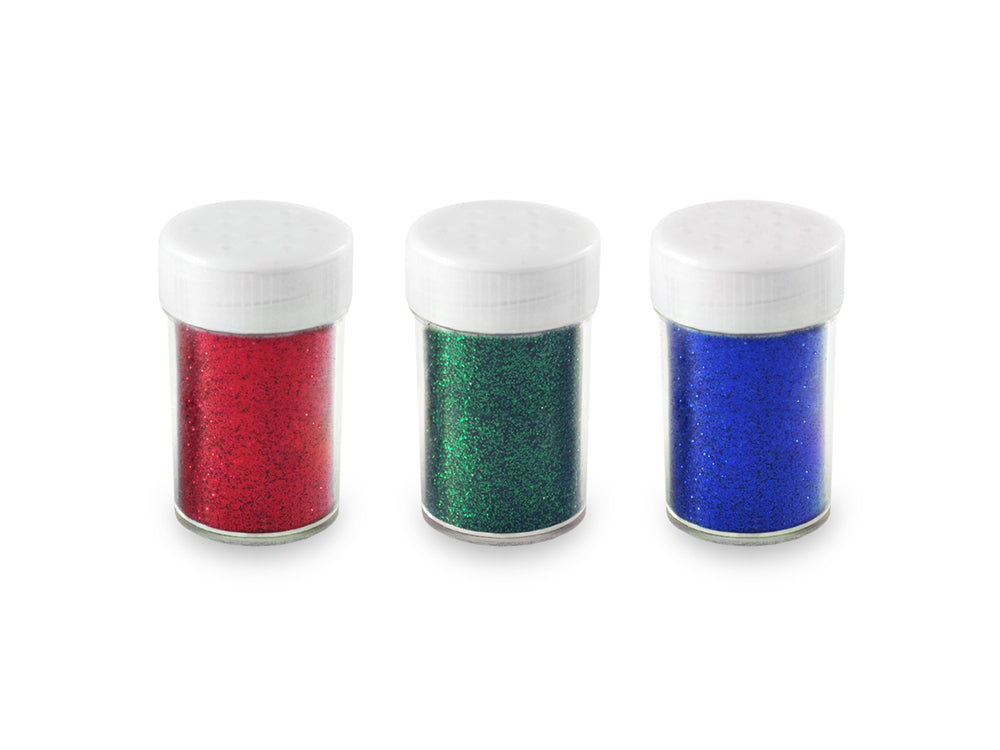 Twinkle Town: 21g Glitter Shaker Jars 3x7g Asst w/Screw-Top B) Red/Green/Blue