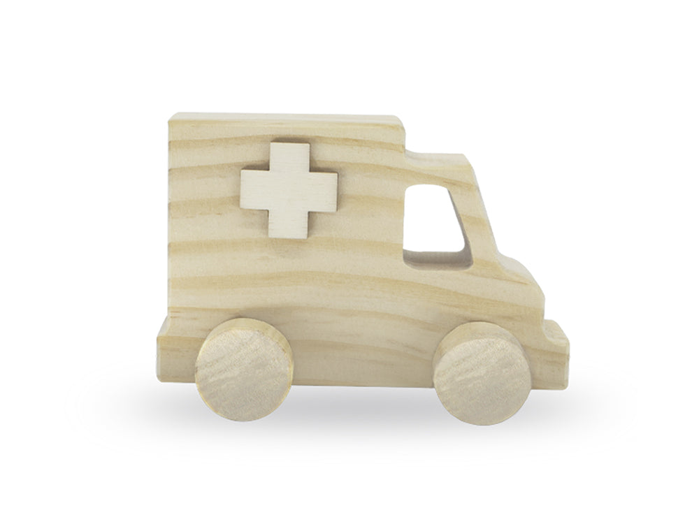 Wood Craft: 4.5" DIY Solid Wood Vehicles w/Moving Wheels C) Ambulance
