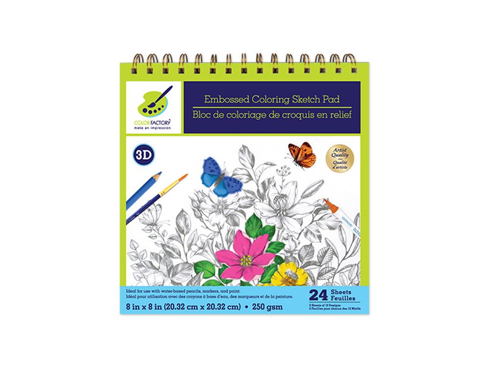 Color Factory: 3D Embossed Coloring Sketch Pad 8"x8" 250gsm 24Sht A) Floral Frolic