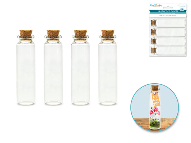 Glass Bottles: Mini Containers w/Cork Lid x4 16ml