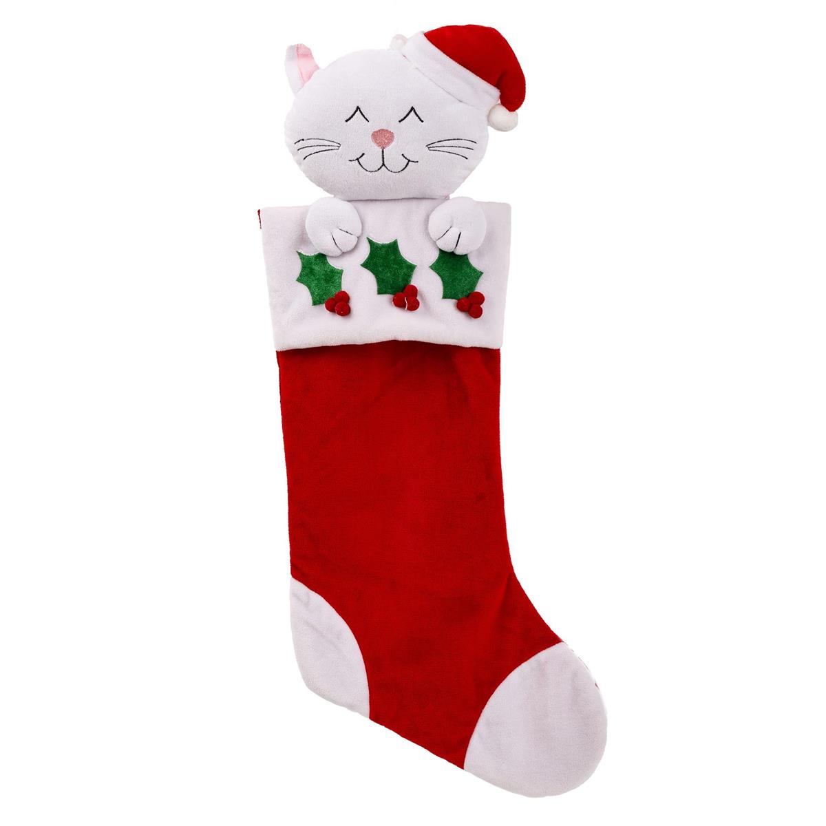 S.SecretsCat Stocking w/Plush Cat on cuff 20", cht