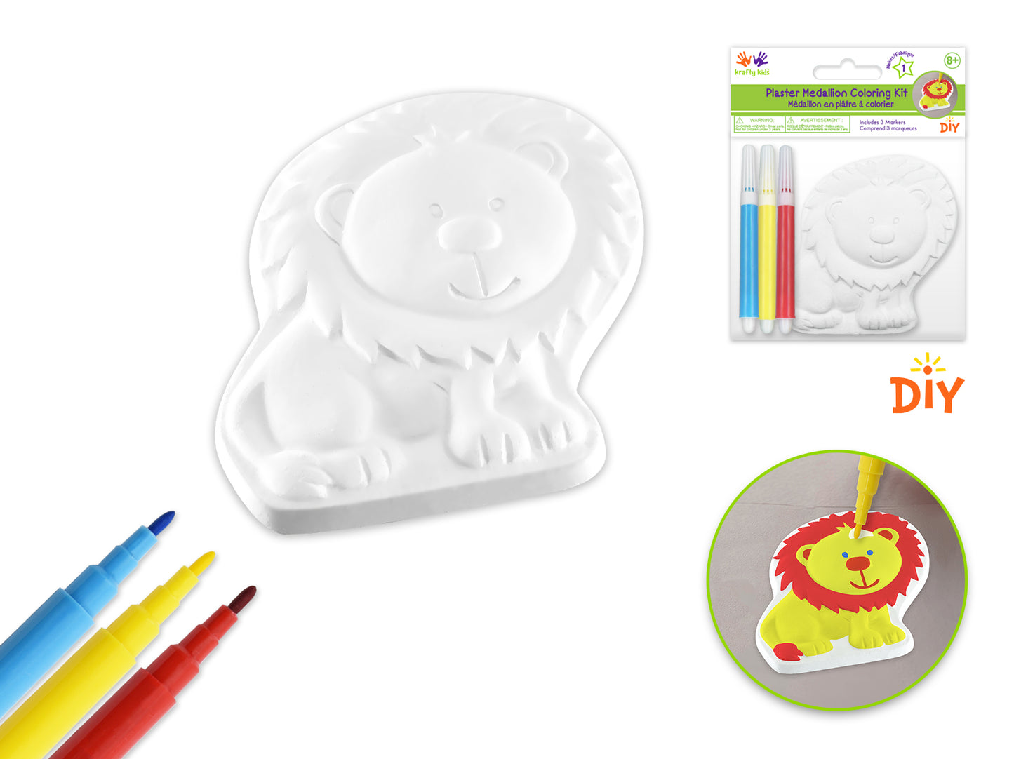 Krafty Kids Kit: 2.75" DIY Plaster Medallion Coloring Kit w/3 Markers C) Lion