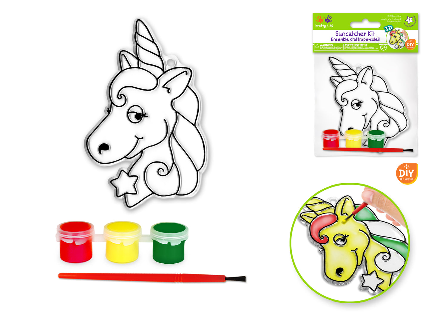 Krafty Kids Kit: 3D DIY 3.5"-4.3" Suncatcher w/3 Paints&Applicator E) Unicorn