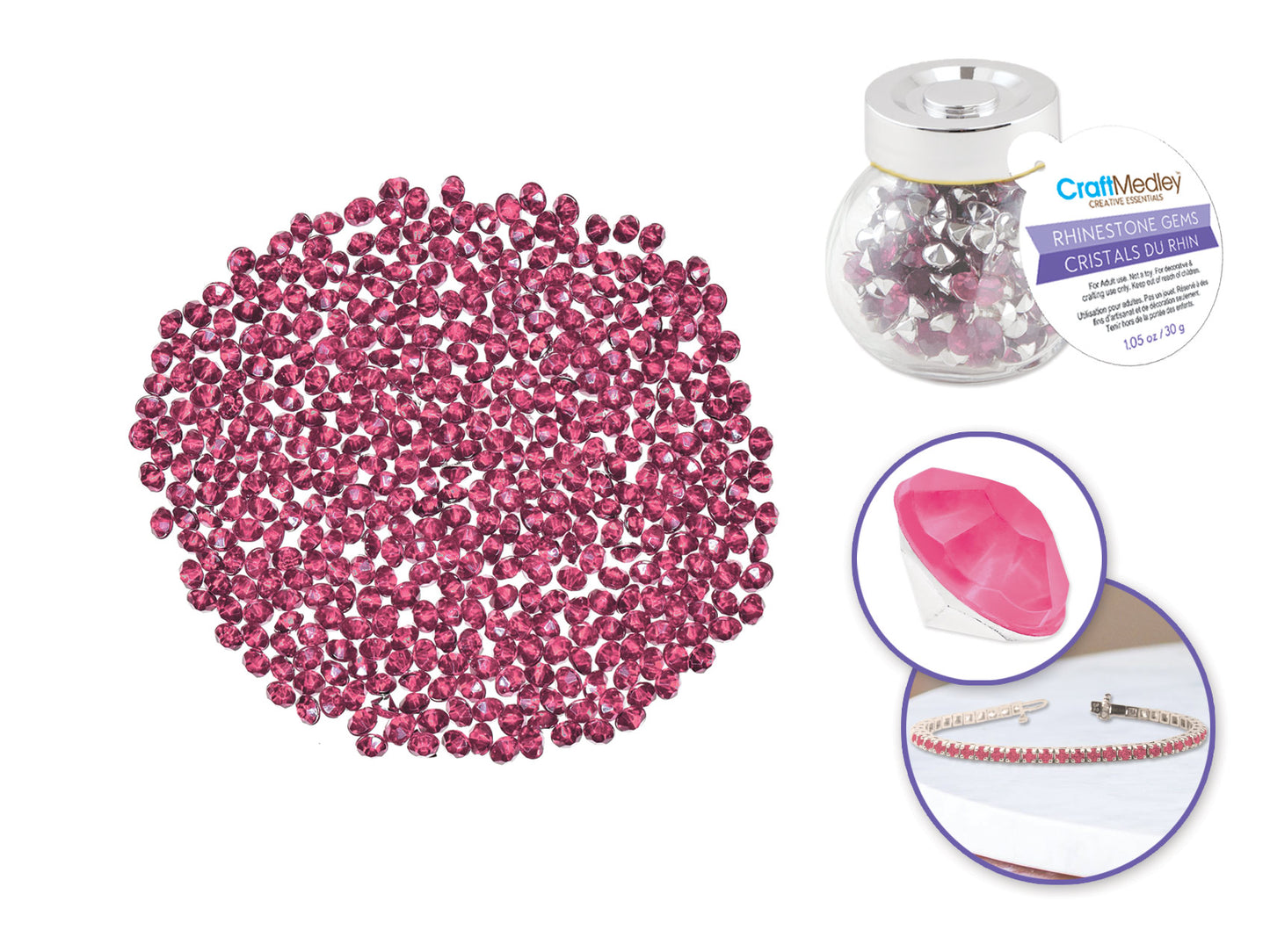 Craft Embell: 6mmx4.5mm Rhinestone Diamond 30g in Glass Jar w/Screw Cap F) Pink Topaz