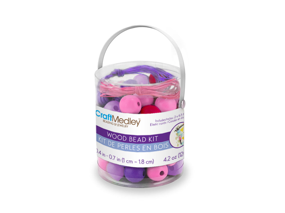 Wooden Bead Kit: 120g 4-Col x 4-Size in PVC Canister w/2x2m Elastic Cord B) Viola Mix