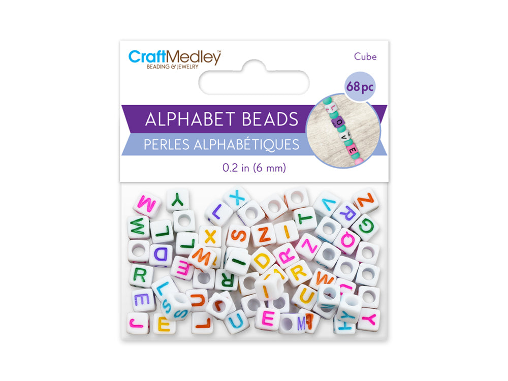 Alphabet Beads: 6mm Cube 68ct A) White w/Colored Letters