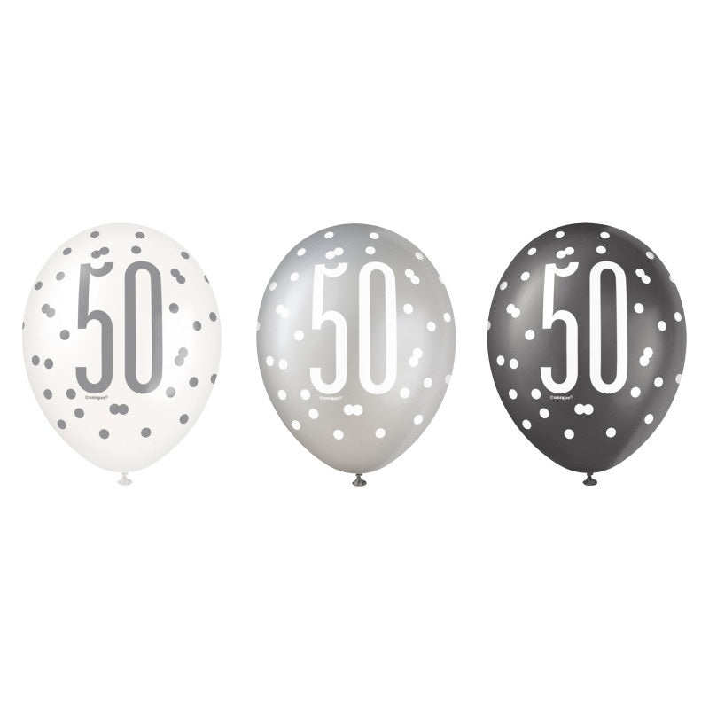 6ct Glitz Black Number 50 Assorted 12" Latex Balloons