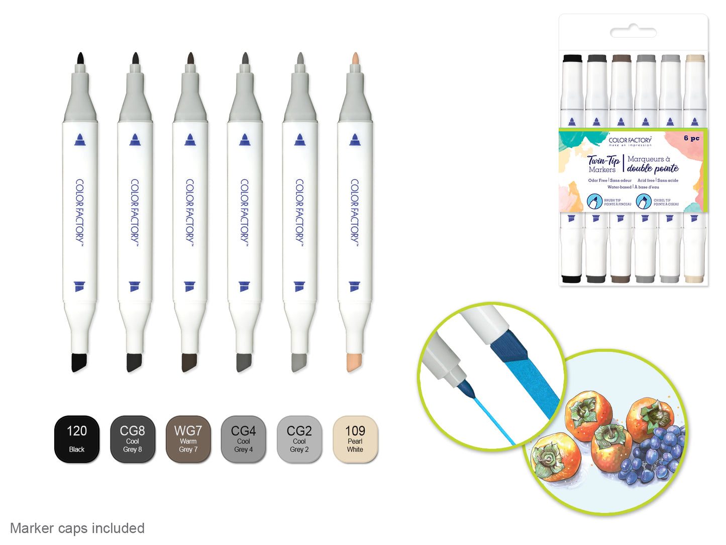 Color Factory: Water-Based Twin Markers Fine+Broad Tips 6pk D) Monochrome