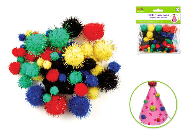 Krafty Kids: Pom-Poms Glitter Pack x75 Primary Colors Asst Sizes
