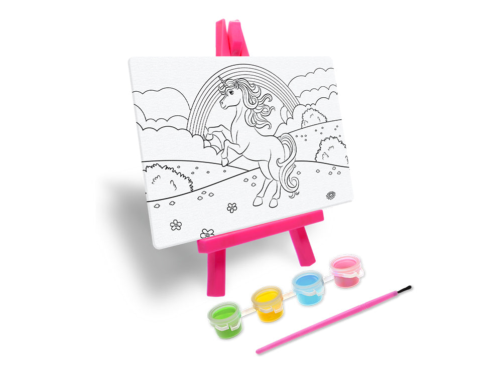 Krafty Kids Kit: 3.9"x5.9" DIY Canvas Panel on Easel w/4 Paint Pots+Brush A) Unicorn