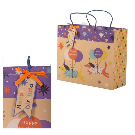 Paper T. DLX Large Horiz. Gift Bag, Bday Dogs, 210GSM, tag+j-hook