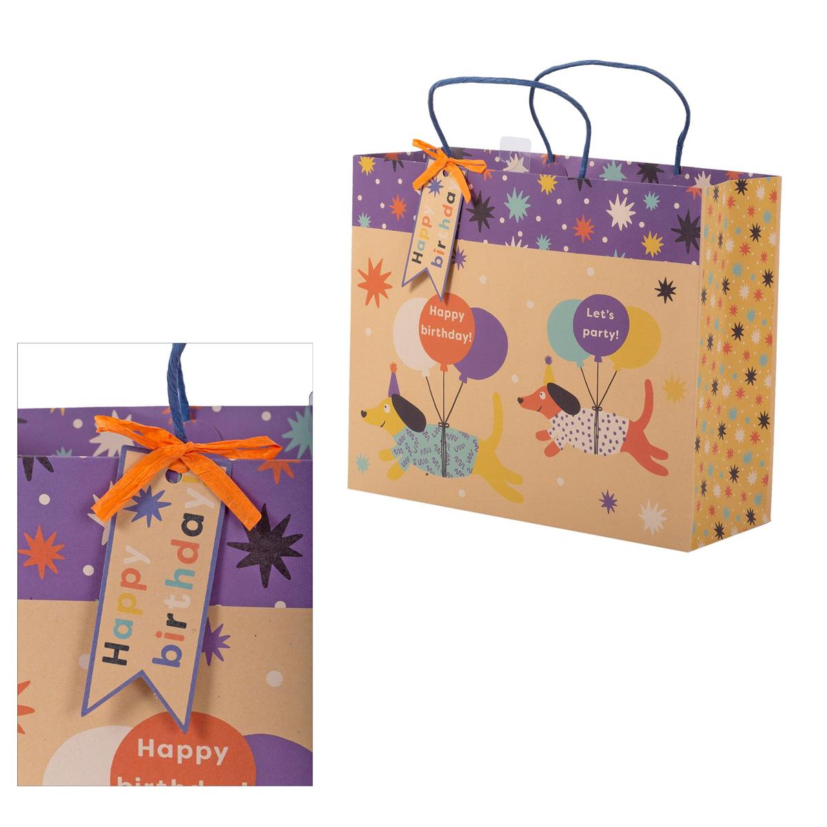 Paper T. DLX Large Horiz. Gift Bag, Bday Dogs, 210GSM, tag+j-hook