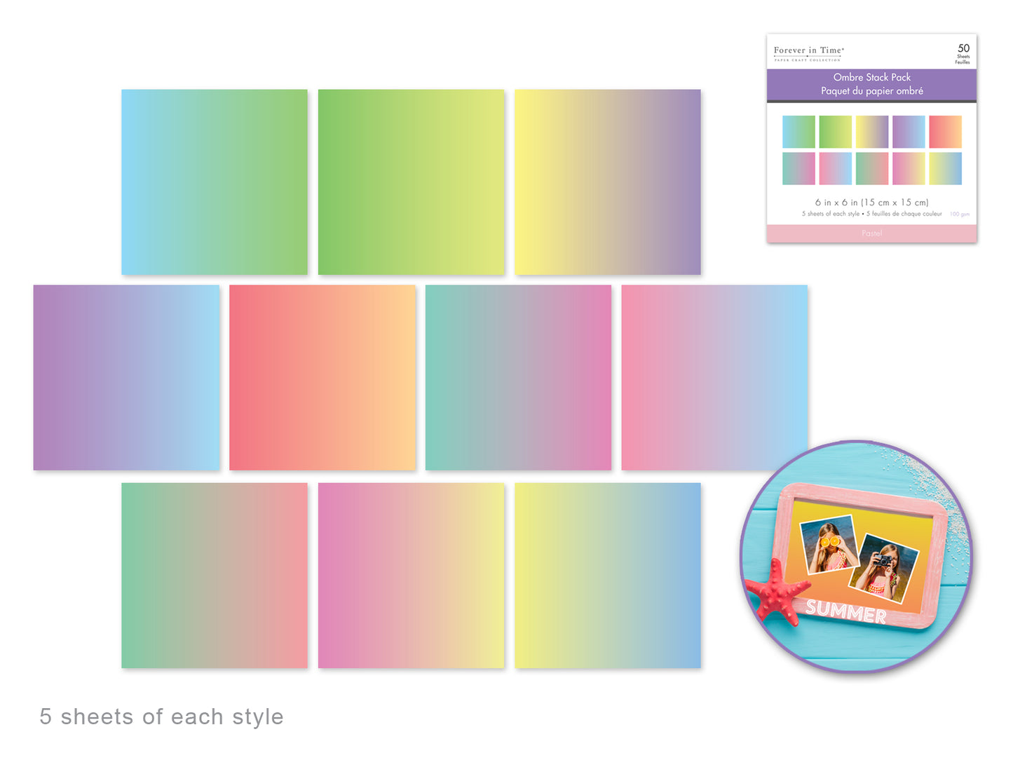 Paper Pad: 6"x6" Ombre Stack Pack x50 5eax10styles A) Pastel