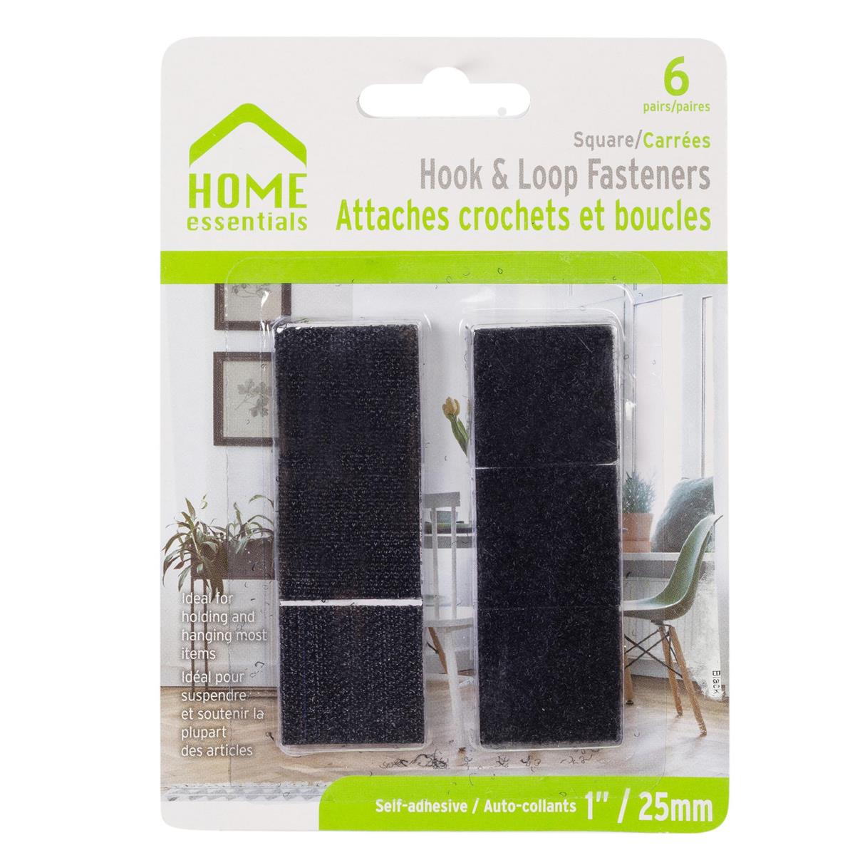 H.E. 6-pr. Hook & Loop Fasteners, 1" Square, Black, b/c
