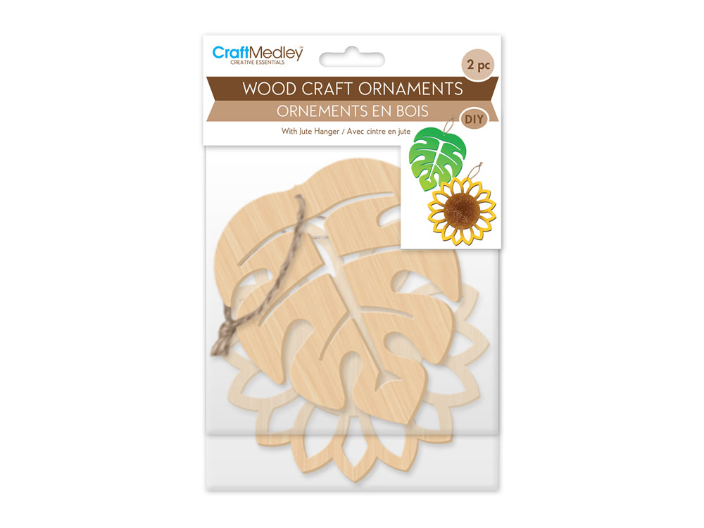 Wood Craft: Wood Ornaments x2 Asst Laser-Punch w/Jute Cord Hanger B) Floral