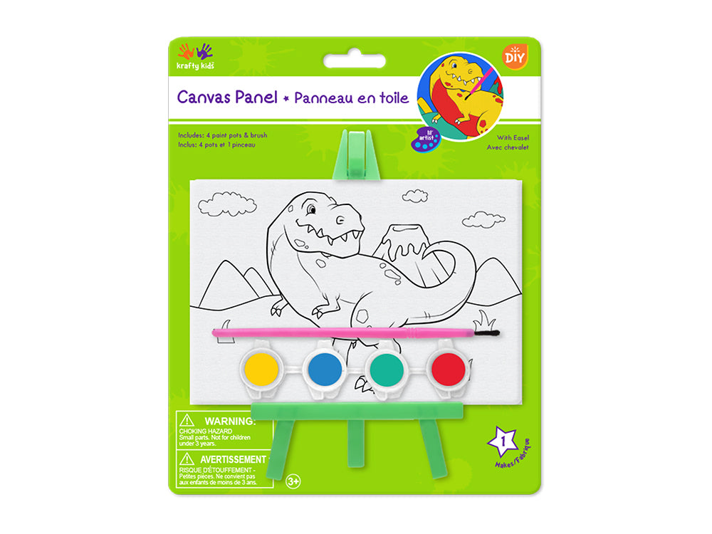 Krafty Kids Kit: 3.9"x5.9" DIY Canvas Panel on Easel w/4 Paint Pots+Brush D) Dino