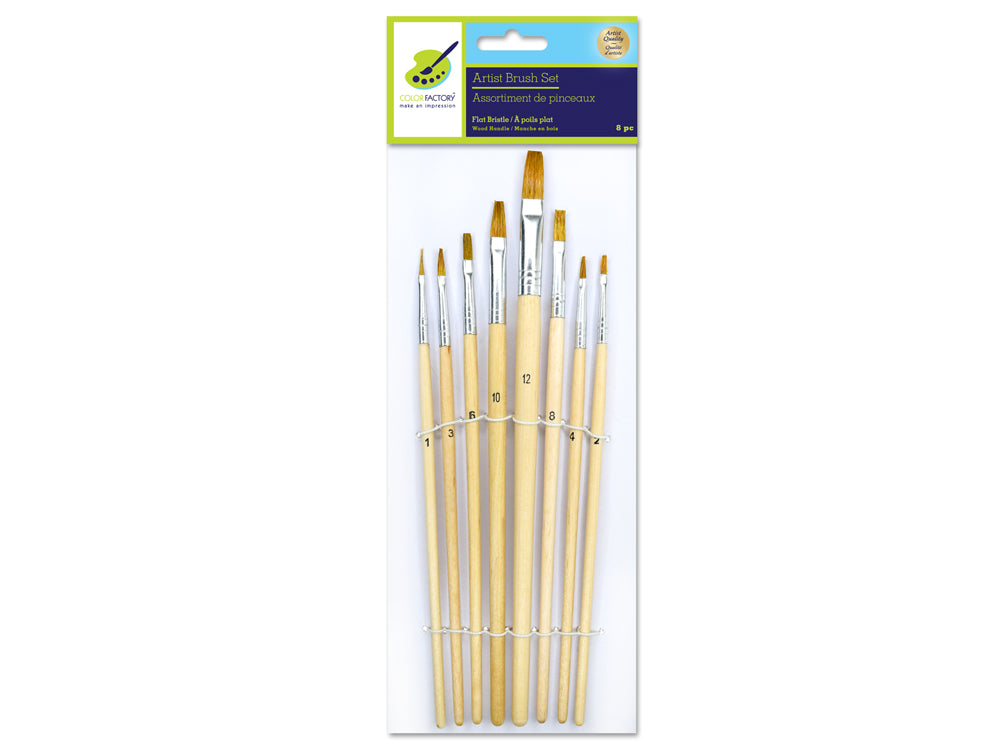 Artist Brush Set: #1-#12 Flat Bristle Assorted x8 Wood Handle