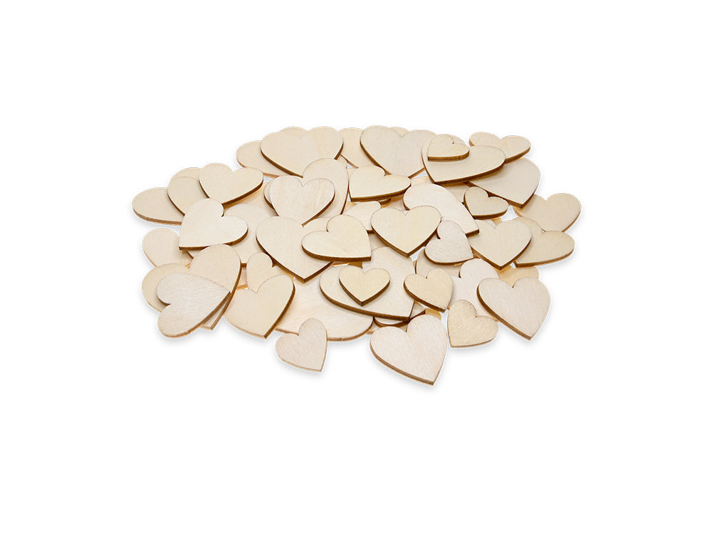 Craftwood: Wood Bits 60pc 1.7mm(T) Asst 3stl 4*4/3*3/2*2cm B) Hearts