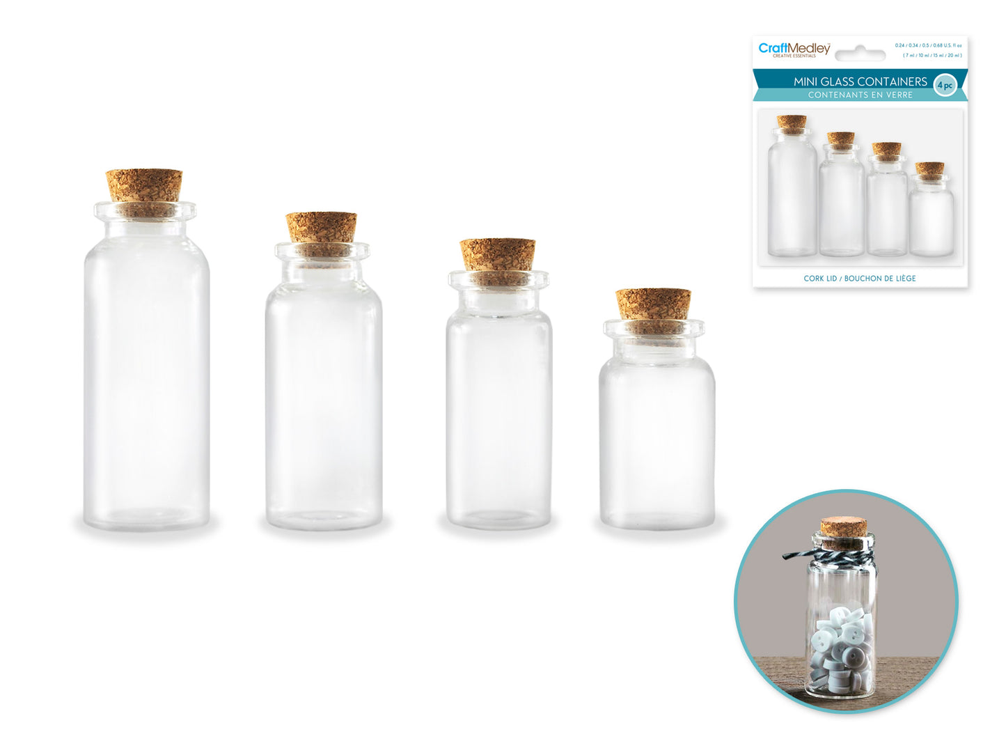 Glass Bottles: Mini Containers w/Cork Lid x4 7ml/10ml/15ml/20ml
