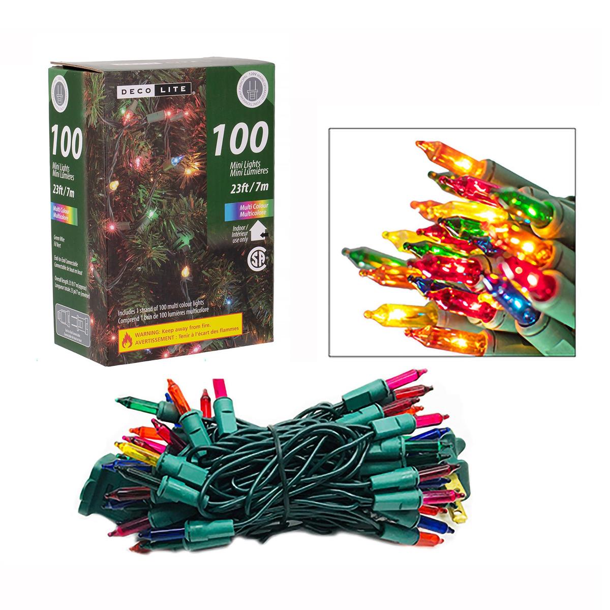 Deco L. 100pk Mini Indoor Lights- Multi Col., 23FT., End-To-End; box