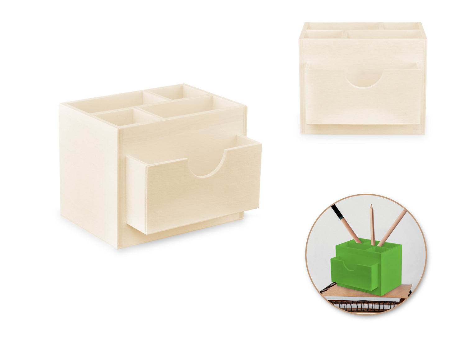 Wood Craft: 4.3"x4.1"x3.4" Desk Caddy 4-Comp + Front Slot