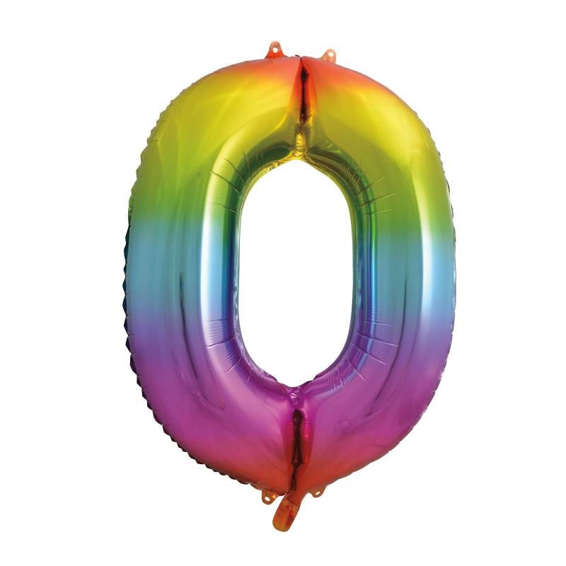 Rainbow Number 0 Shaped Foil Balloon 34"  Packaged