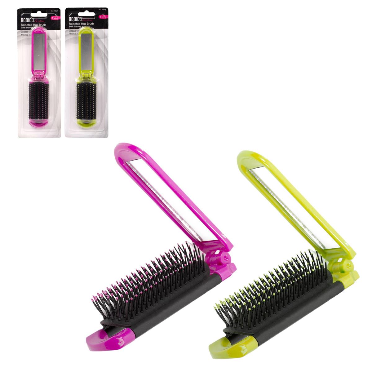 Bodico 8" Foldable Hair Brush,  w/ Mirror, 2 col., b/c