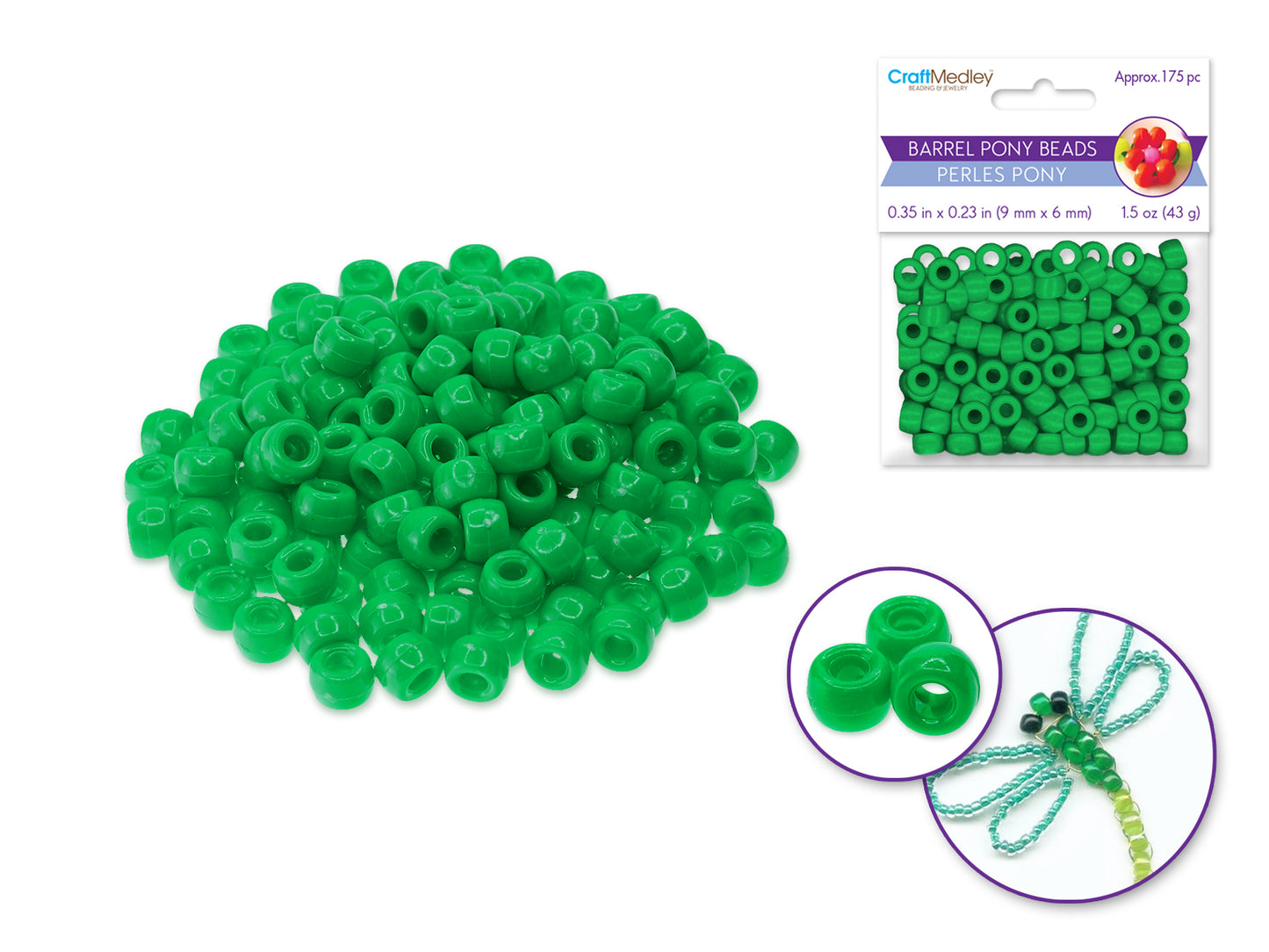 Pony Beads: 9mmx6mm Barrel Standard x175 D) Kelly Green