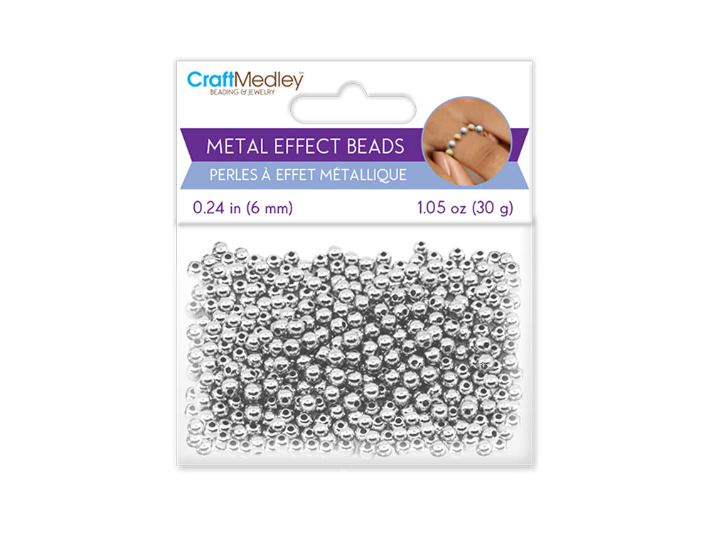 Metal Effect Beads: 6mm Luster Electroplated Round 30g C) Silver