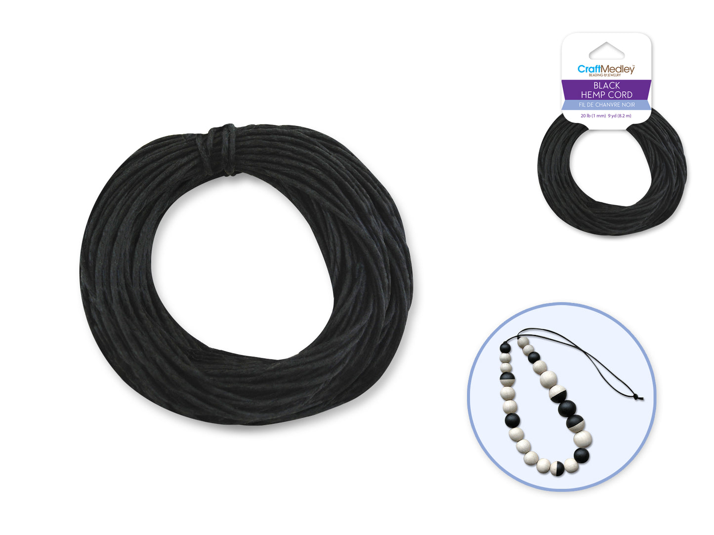 Natural Hemp Cord: Colored 20lb (1mm) 9yd/hank B) Black