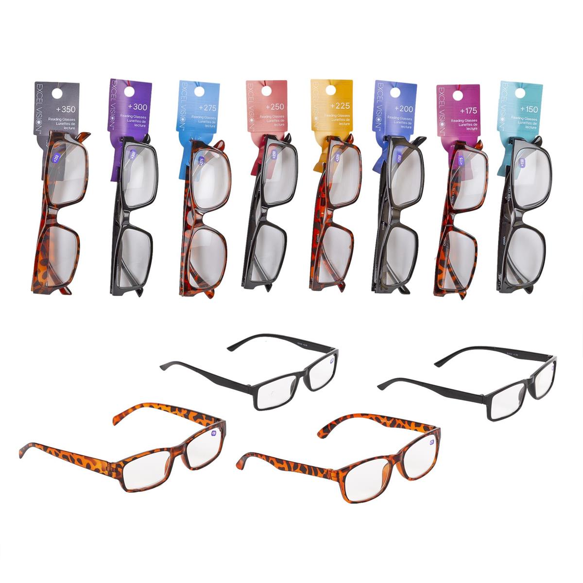 Excel Vision  Reading Glasses assorted: +150-350, 3 styles, 2col