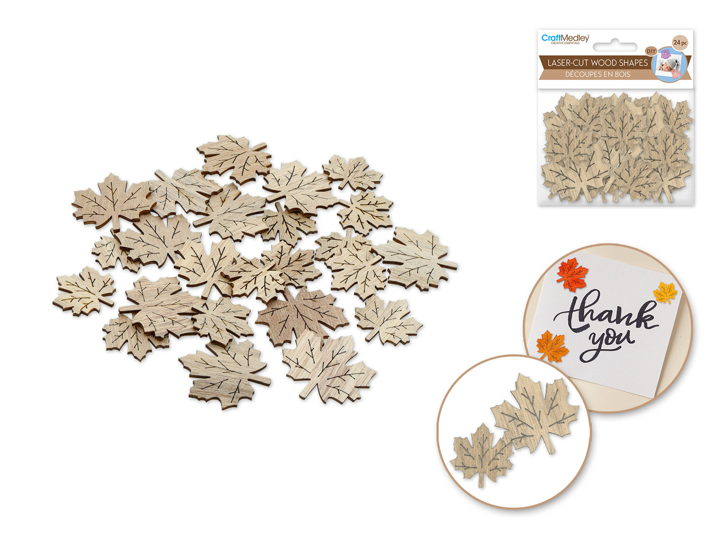 Wood Craft: 3cm+4cm Laser-Cut Ornate Wood Shapes 24pc C) Maple Leaf