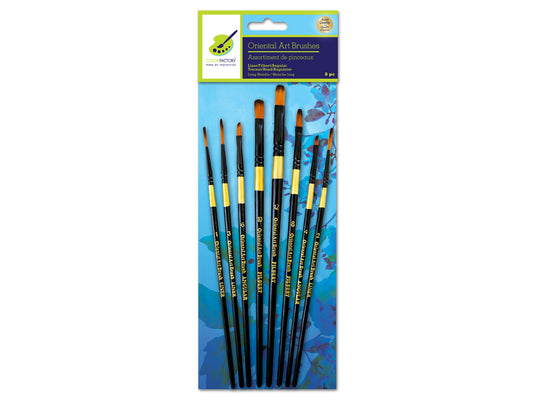Artist Brush Set: Oriental Art Inspired x8 Wood Handle C) Liner/Filbert/Angular Set