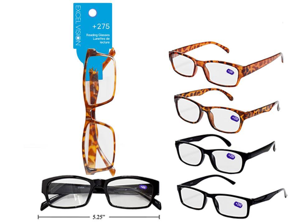 Excel Vision +275 Reading Glasses, 3 styles 2col, header card+opp bag