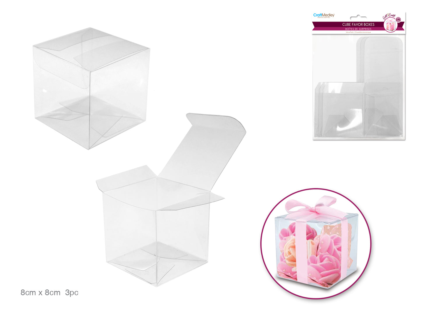 Gift Craft: PET Clear Cube Favor Box Value-Pack B) Med 8cm 3pc