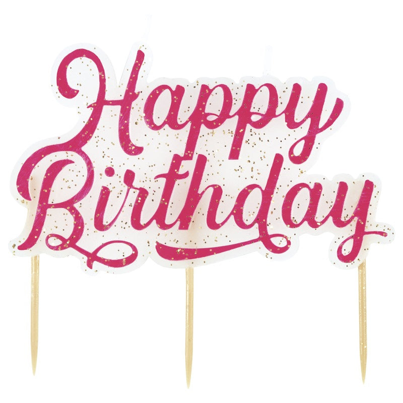 Pink Glitter "Happy Birthday" Large Pick Candle