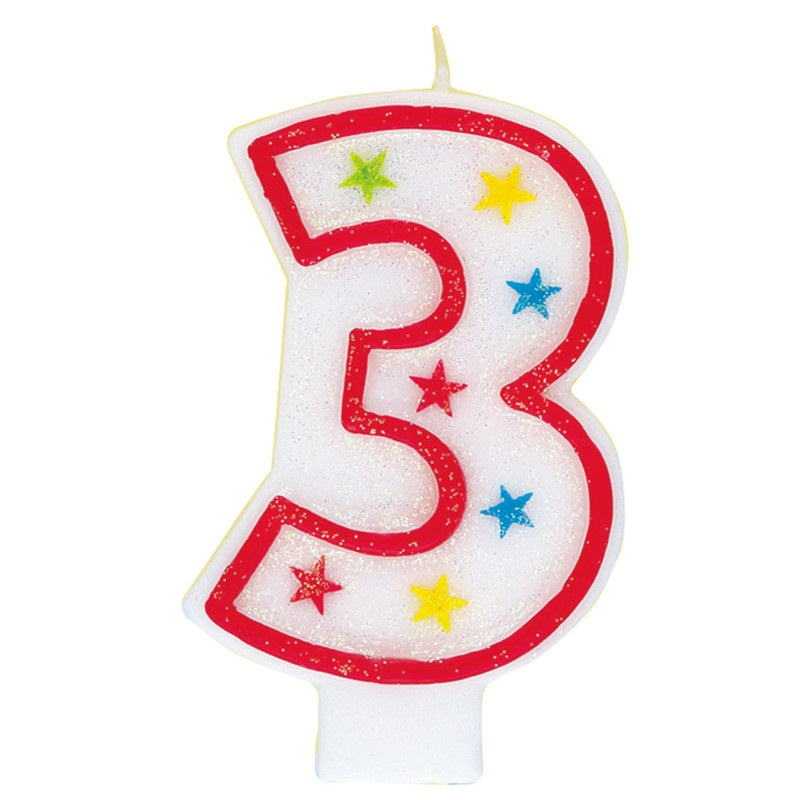 Number 3 Glitter Birthday Candle with Cake Decoration