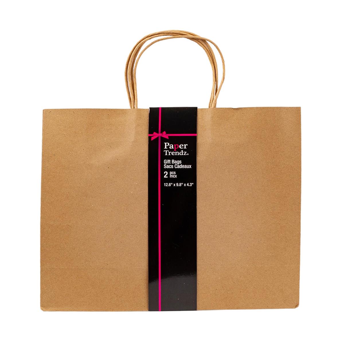 Paper T. 2pk Kraft Gift Bags, 12.6"x9.8"x4.3", wrap band